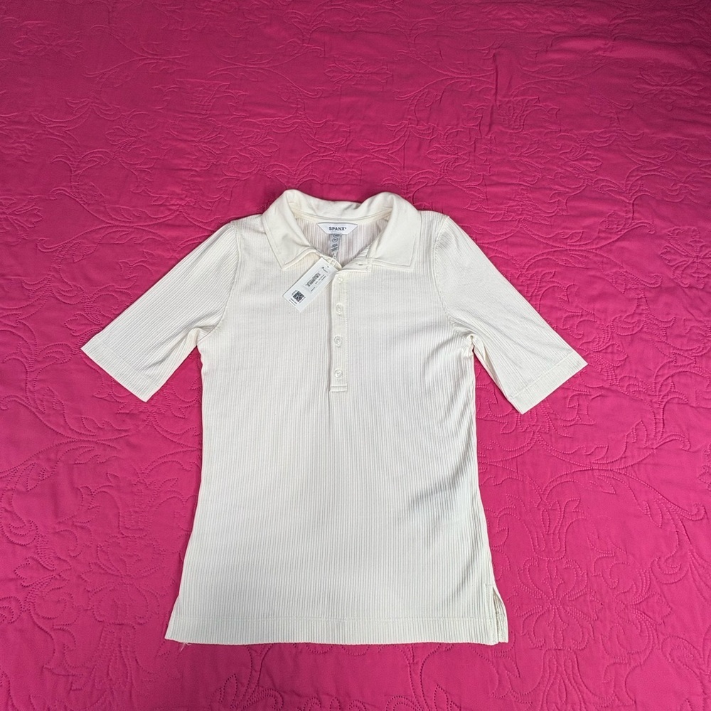 SPANX Ivory Ribbed Button-Up Top